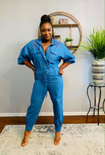 Load image into Gallery viewer, zip front jean jumpsuit 
